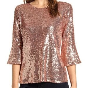 Gibson x Glam 3/4 Bell Sleeve Sequin Top in Blush Medium